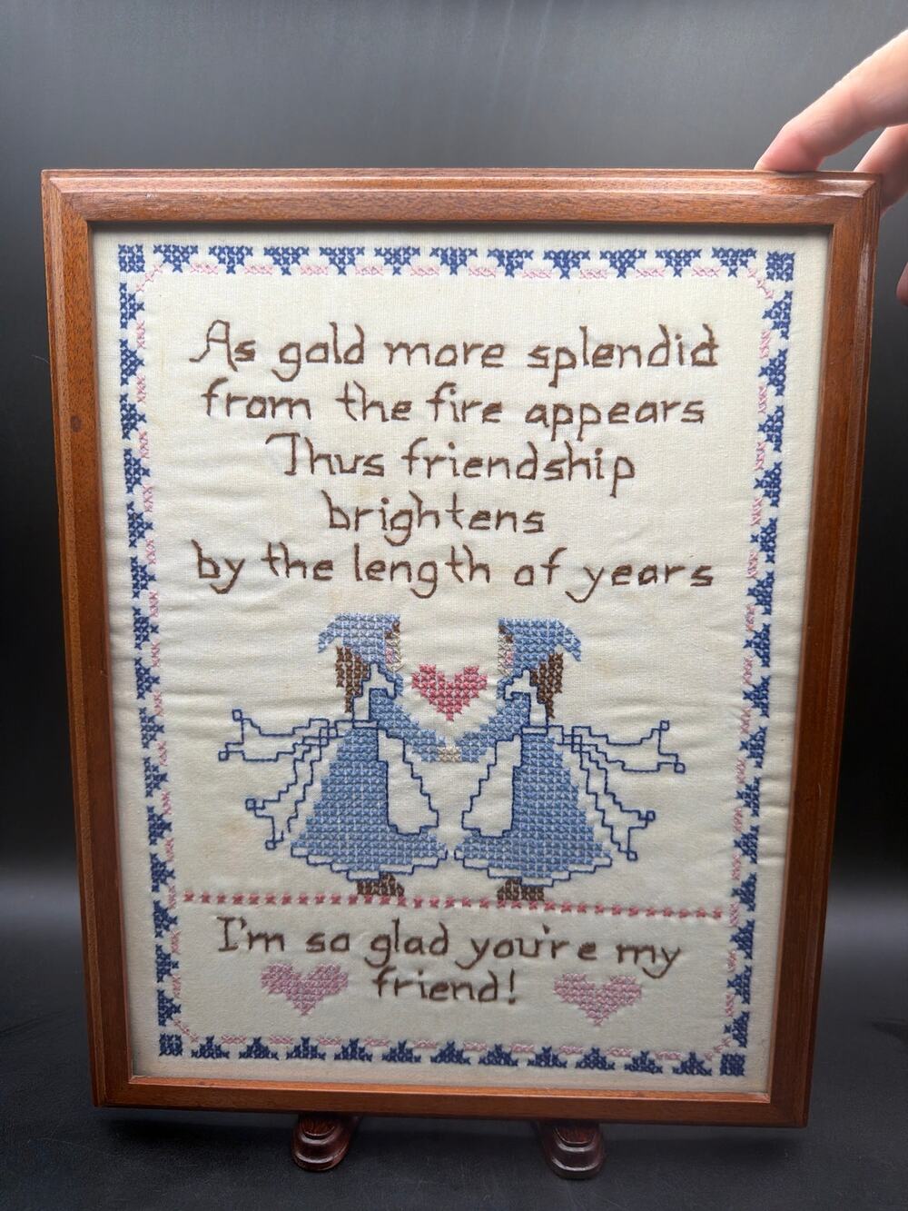 Vintage Framed Friendship Cross Stitch Bonnet Girls Hearts Country decor 11x14